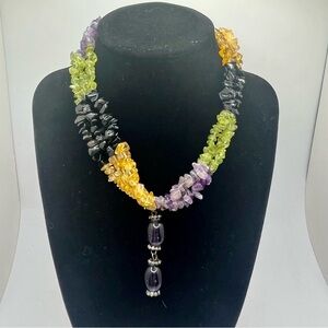 Multistrand Gemstone Chip Necklace Amethyst Citrine Peridot Onyx Pendant
